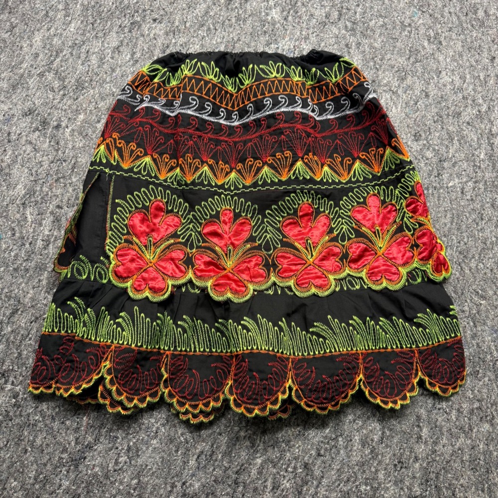Boho Embroidered Floral Scalloped Hem Midi Skirt Black Multi Elastic Waist